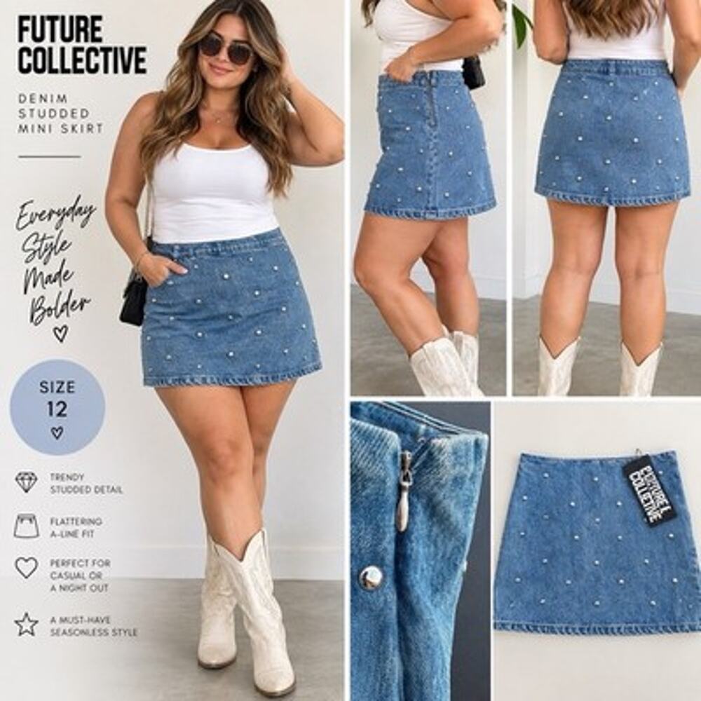 Future Collective Denim Studded Mini Skirt Womens Size 12 Blue NWT Y2K Western